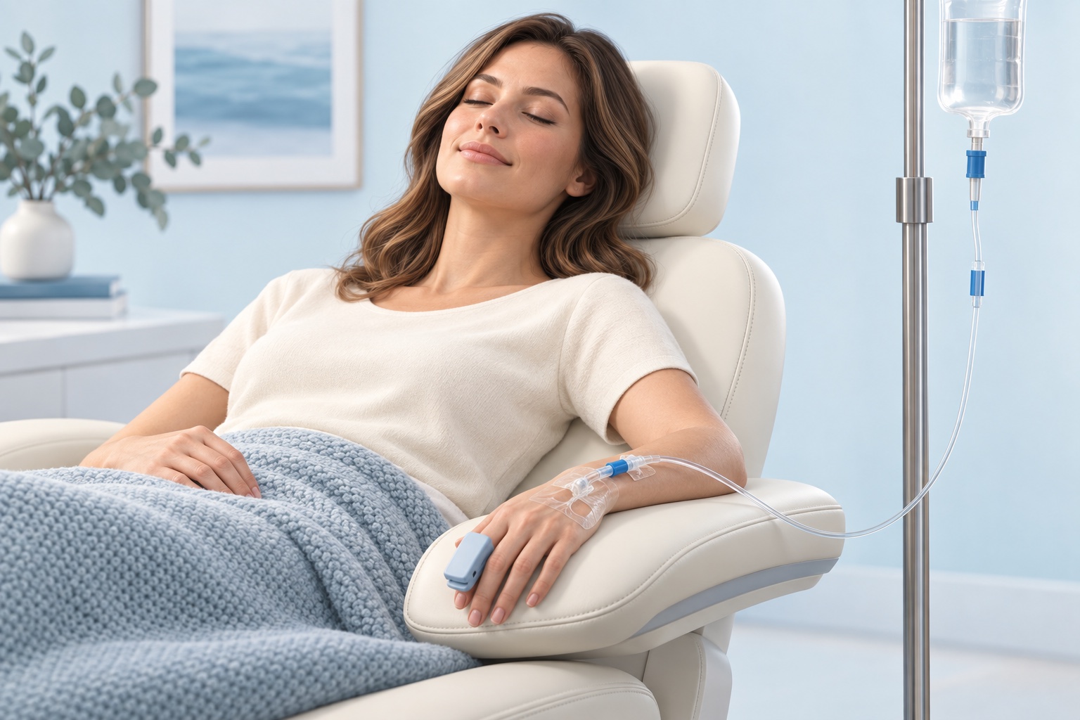 Illustration of a relaxed patient in a dental chair with a secured IV line and finger monitor